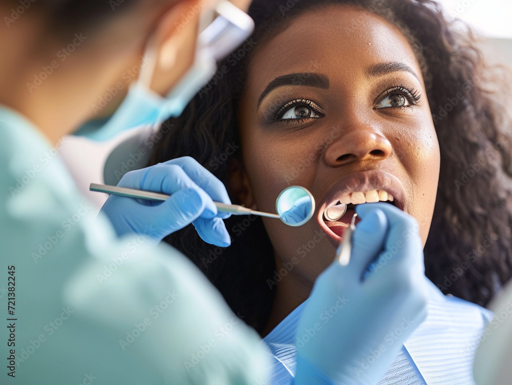 Empowered African American Woman Receiving Comprehensive Dental Care from Expert Dentist, Reflective Health Assurance at Modern Clinic