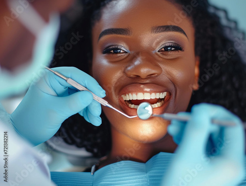 Empowered African American Woman Receiving Comprehensive Dental Care from Expert Dentist, Reflective Health Assurance at Modern Clinic