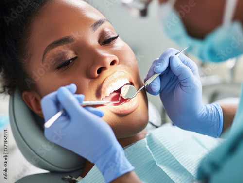 Empowered African American Woman Receiving Comprehensive Dental Care from Expert Dentist, Reflective Health Assurance at Modern Clinic