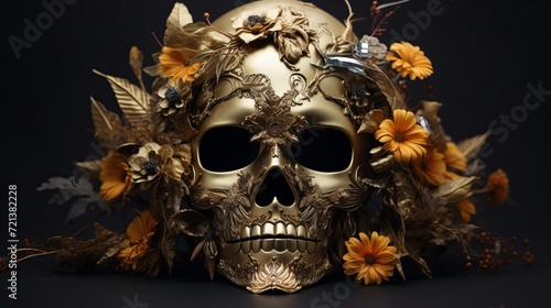 A luxurious golden mask with feathers on a black background