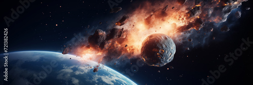 Dramatic scene of an asteroid igniting as it enters Earths atmosphere, panorama.