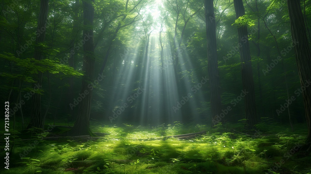Nature's brilliance unfolds as sunlight bathes a verdant forest in warmth. - obrazy, fototapety, plakaty 