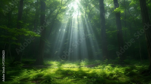 Nature's brilliance unfolds as sunlight bathes a verdant forest in warmth.