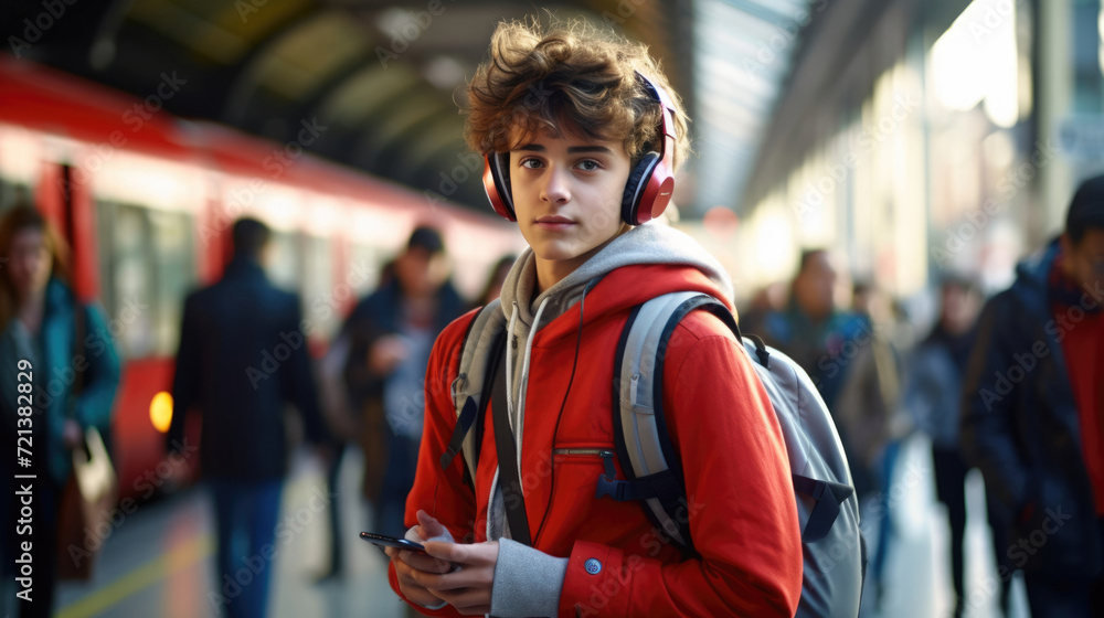 A European teenager waits at a bustling tram station,  headphones on,  backpack ready