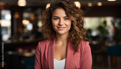 A confident young businesswoman smiling, looking at camera indoors generated by AI