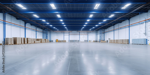 Banner panorama Expansive warehouse with empty shelves and a glossy floor.