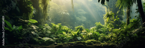 Background Deep forest tropical jungles of Southeast Asia with fog. Mystical amazon banner fantasy backdrop  Realistic nature rainforest