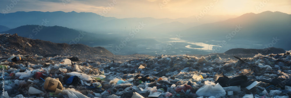 Concept banner global problem of plastic pollution. Garbage fills valley beneath serene sunset, highlighting environmental issues panorama. Concept banner global problem of plastic pollution. Garbage fills valley beneath serene sunset, highlighting environmental issues panorama.