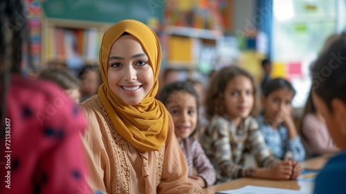 The diversity of a classroom celebrated in a photo, with a teacher facilitating an inclusive learning environment that embraces different backgrounds and perspectives, [teacher]