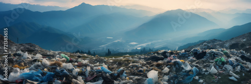 Concept banner global problem of plastic pollution. Garbage fills valley beneath serene sunset  highlighting environmental issues panorama.