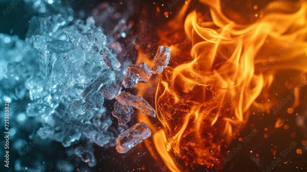 Vibrant depiction of the contrast between fire and ice wallpaper. Cold blue frozen ice, melting over hot red fire. Vibrant depiction of the contrast between fire and ice wallpaper. Cold blue frozen ice, melting over hot red fire.