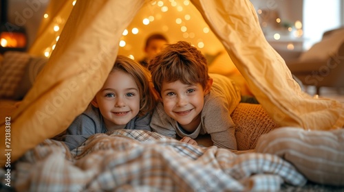 Kids building a fort with cushions and blankets, creating a playful atmosphere in the living room, [A strong happy family with children spending time together in their large bright