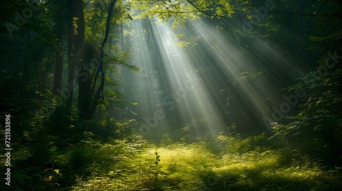 Sunlight filters through lush trees  creating a magical green forest scene.