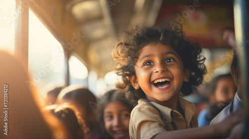 An Indian child rides a crowded school bus,  windows filled with smiling faces © basketman23