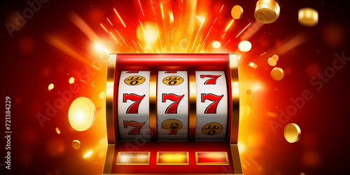 Casino banner, slot machine with jackpot and golden coin, neon and gold color