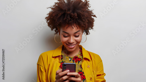happy smiling pretty black woman holding mobile phone looking at smartphone, typing, doing ecommerce online shopping on cell isolated on studio white background, communication technology concept © BeautyStock