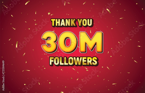 Golden 30M isolated on red background with golden confetti, Thank you followers peoples, 1M online social group, 35M photo