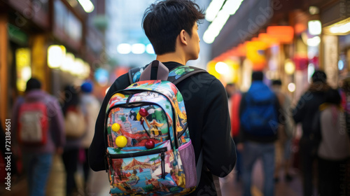 A student in Japan wears a colorful backpack covered in anime characters