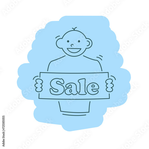 Man with Sale banner. Funny character design. Vector illustration in trendy linear cartoon style (ID: 721385055)
