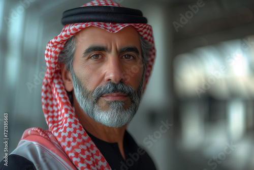Portrait of a middle aged arabian businessman with modern interior urban office background, generative ai