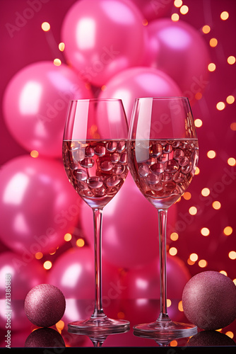 Two glasses of wine on pink background with balloons.