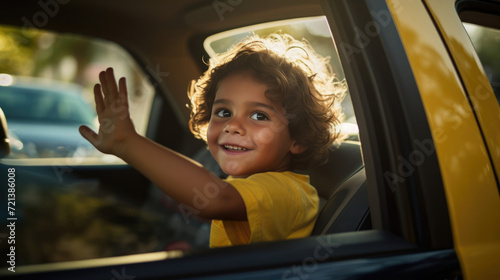 A South American child waves from the backseat of a taxi on their way to school photo