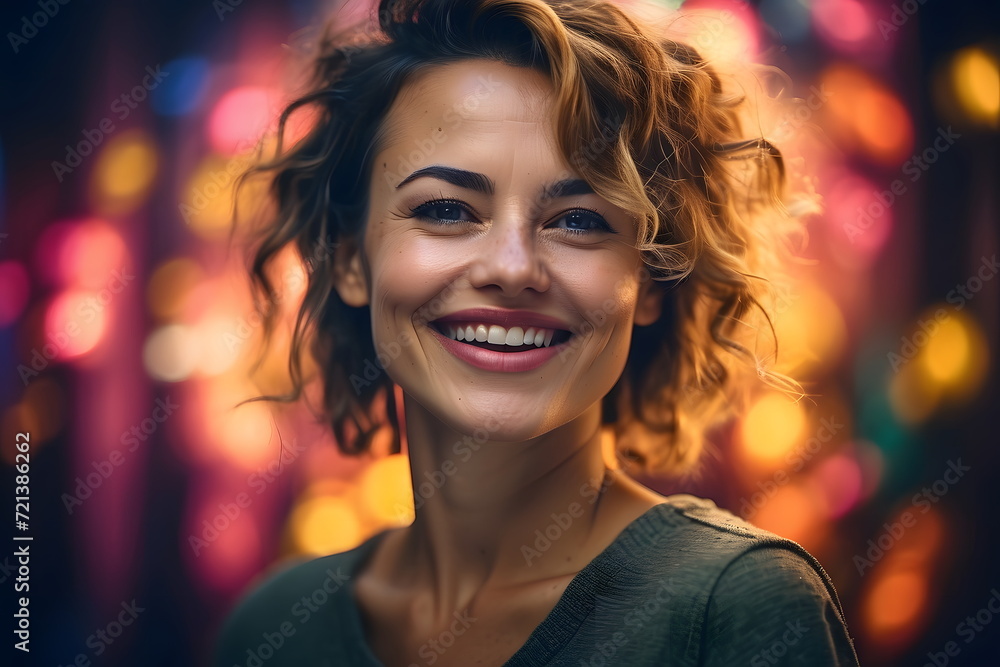 Portrait of a smiling happy confident mature woman with colorful defocused bokeh background