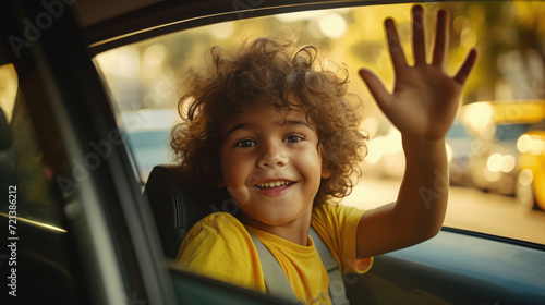 A South American child waves from the backseat of a taxi on their way to school