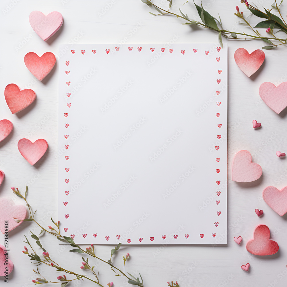 Valentine's day greeting card mockup with paper hearts and green branches on white wooden background.