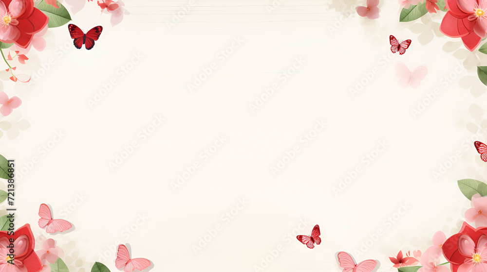 Spring background with blossom flowers and butterflies. Beautiful floral frame with space for your text.