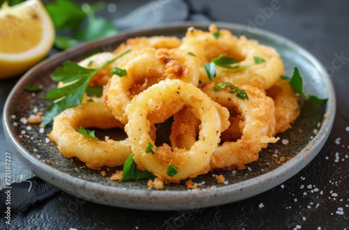 Golden Fried Calamari Rings with Parsley and Lemon: Close-Up Photo