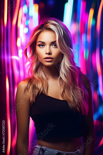 portrait of a cute blonde young woman in neon light