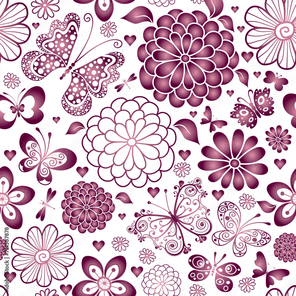 Vector seamless spring dusty rose gradient pattern with hearts and flowers and butterflies on transparent background