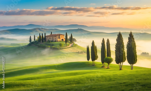 Italian countryside - Farm in Tuscany in the misty morning - tranquil sunrise - fictional location