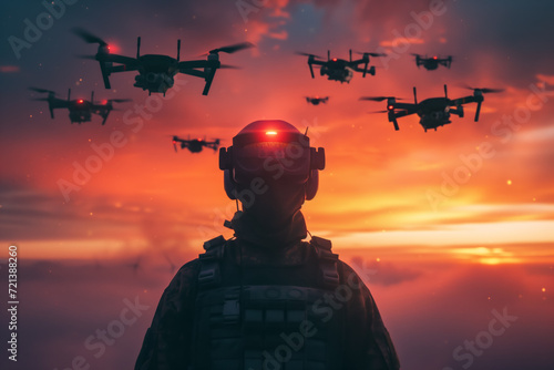 Silhouette of a drone warrior wearing goggles stands with a commanding posture as a swarm of drones hovers in the sky, against a vivid sunset backdrop. photo