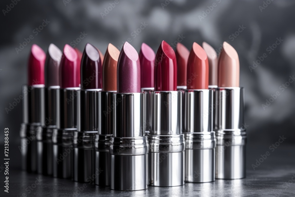 Lipsticks of different colors in a row on a silver background Lipsticks of different colors in a row on a silver background