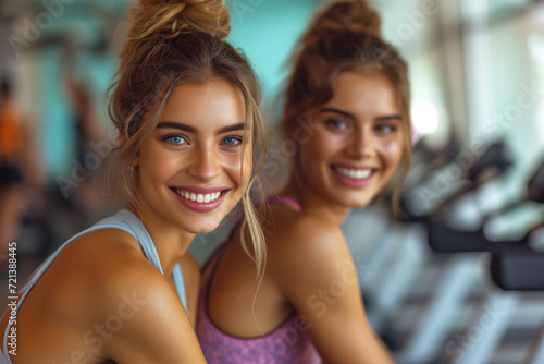 Two Active Young Woman Smiling and Exercising Together in the Gym. Active Healthy Lifestyle with Fitness and Workout.