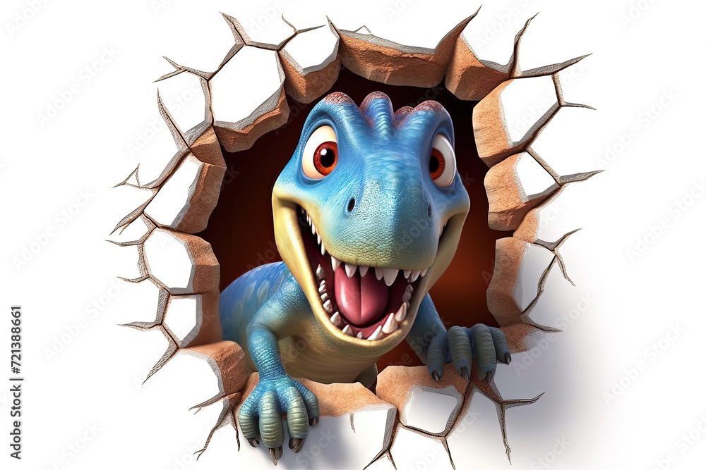 Fototapeta premium Majestic Blue Dinosaur Shatters White Wall in a Burst of Power