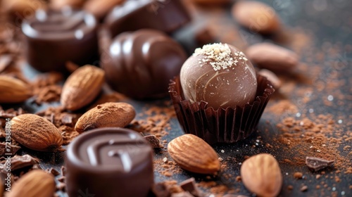 Close up of rich chocolate candies with almonds 
