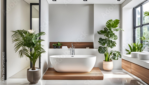 Modern minimalist bathroom interior, bathroom cabinet, white sink, vanity, indoor plants, bathroom accessories, bathtub and shower, beautiful marble floor, copy space, photo