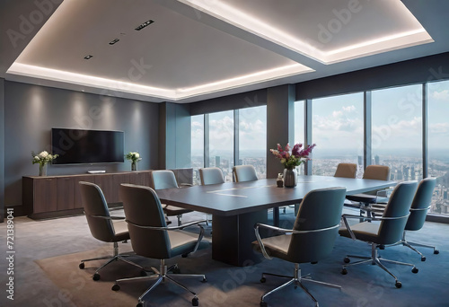 Modern executive room for high-level meetings and conferences, stylish desk and office chairs, Conference room ready for next-level executive meetings, copy space,