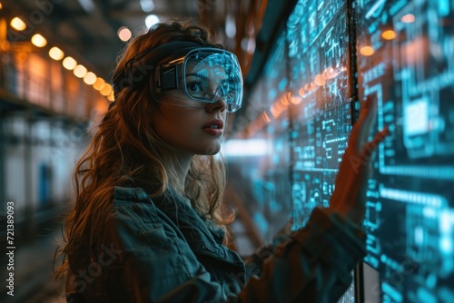 A female engineer using AR headset for autonomous production control at an electronics factory