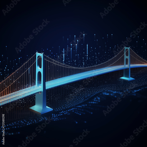 Bridge from digital data, Abstract illustration, 3d low poly with lines and dots