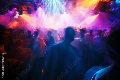 Blurred Dance Floor with Colourful Lights. A motion-blurred scene of a vibrant dance floor lit with dynamic, colourful lights. 