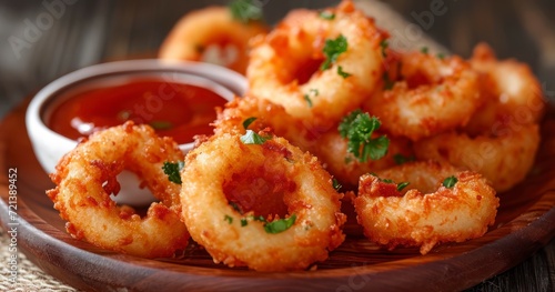 Crispy Seafood Onion Rings Paired with Tangy Sauce, Served as a Gourmet Appetizer on a Wooden Plate