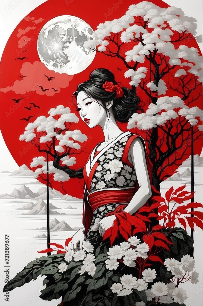 Fototapeta premium paintings with a Japanese cultural theme with red, white and black coloring 