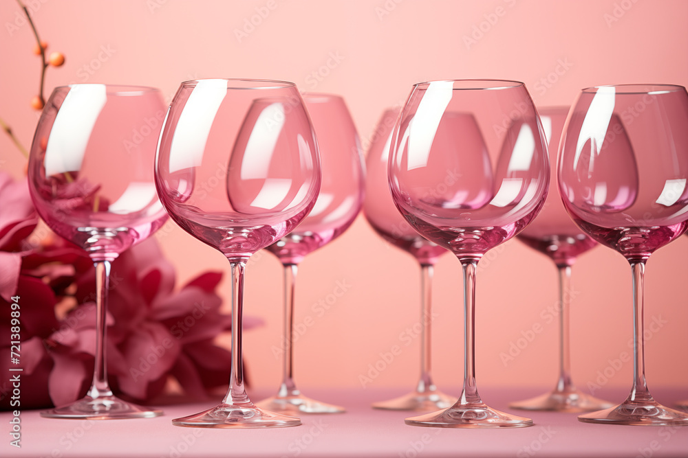 Glasses of wine on pink background.