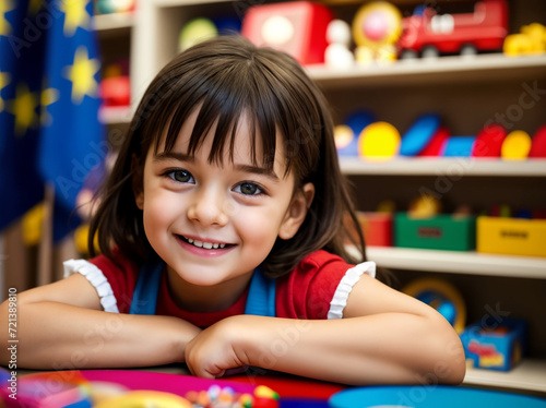 Little girl in toy store, small kid with toys, happy childhood in USA, Generative AI