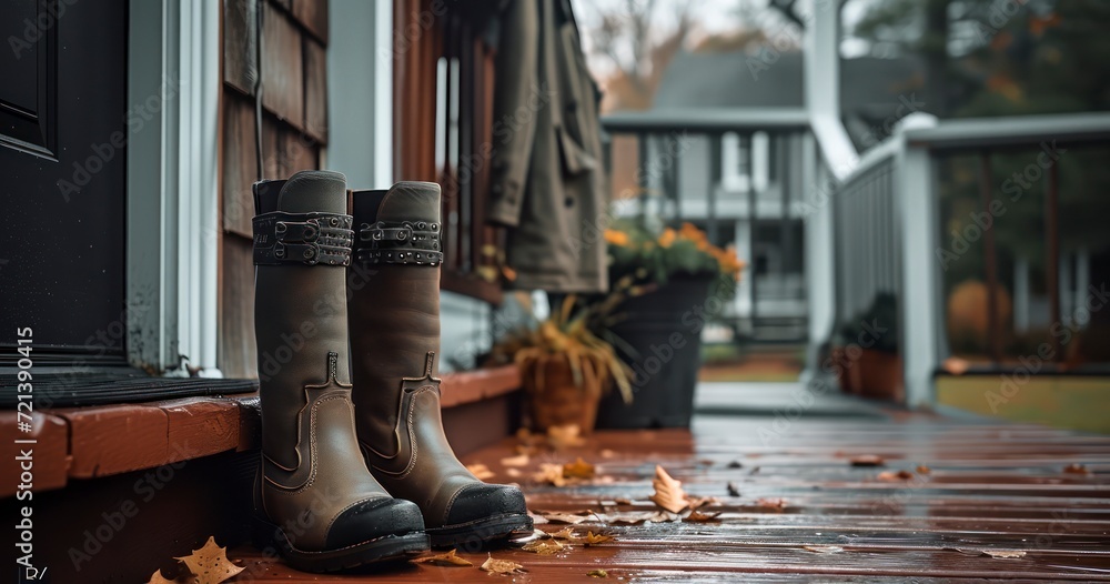 Obraz premium A Homely Pair of Boots and a Coat Adorning a Rural Porch