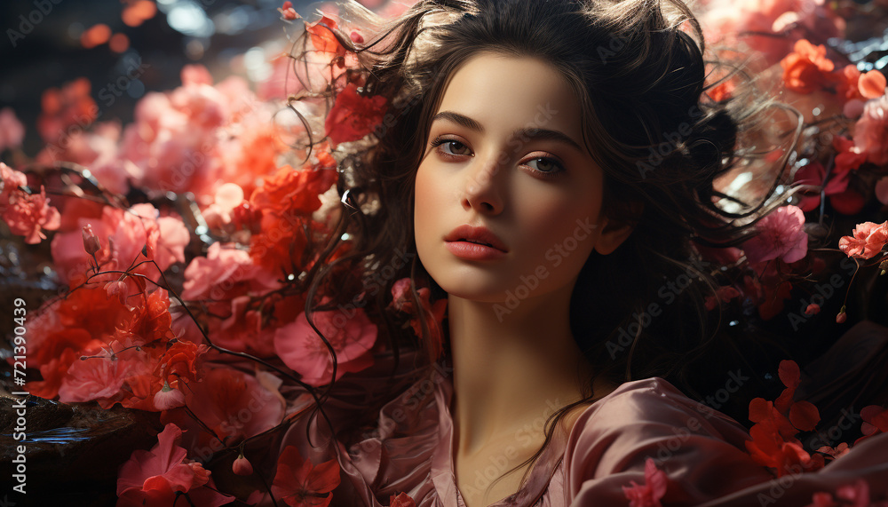 Young woman with long brown hair looking at camera outdoors generated by AI Young woman with long brown hair looking at camera outdoors generated by AI